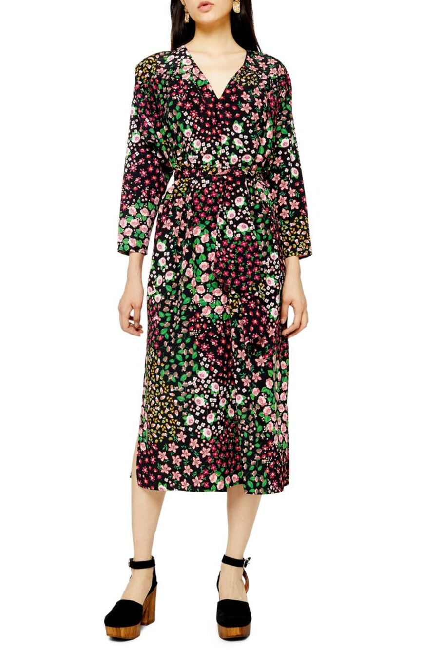Topshop Midi Dress Floral Button Front Long Sleeve V Neck Black Pink US 4 UK 8